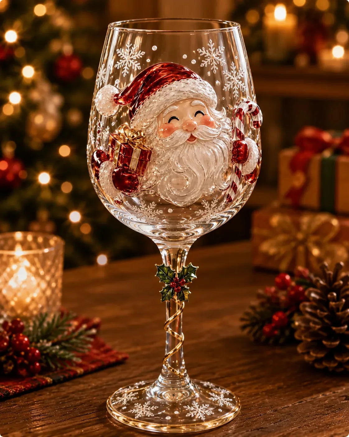 Copa de vino navideña con decoración festiva tridimensional para regalar