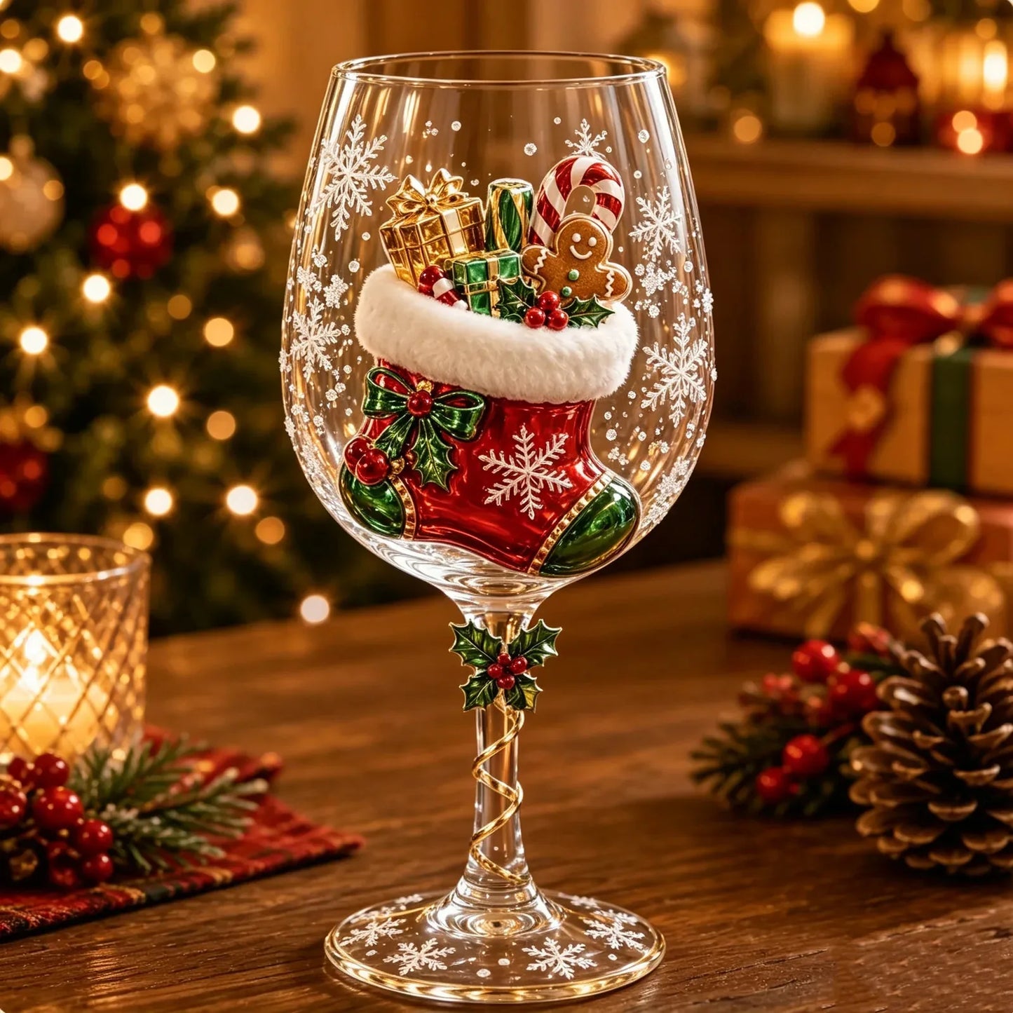 Copa de vino navideña con decoración festiva tridimensional para regalar