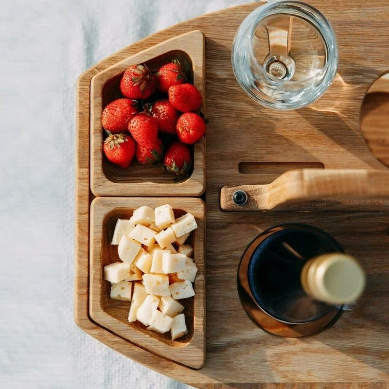 Mesa de vinho portátil em madeira para piqueniques e aperitivos