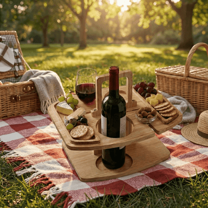 Mesa de vinho portátil em madeira para piqueniques e aperitivos