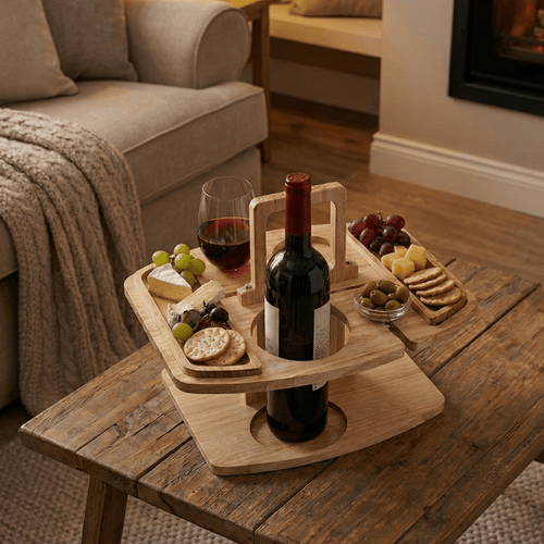 Mesa de vinho portátil em madeira para piqueniques e aperitivos
