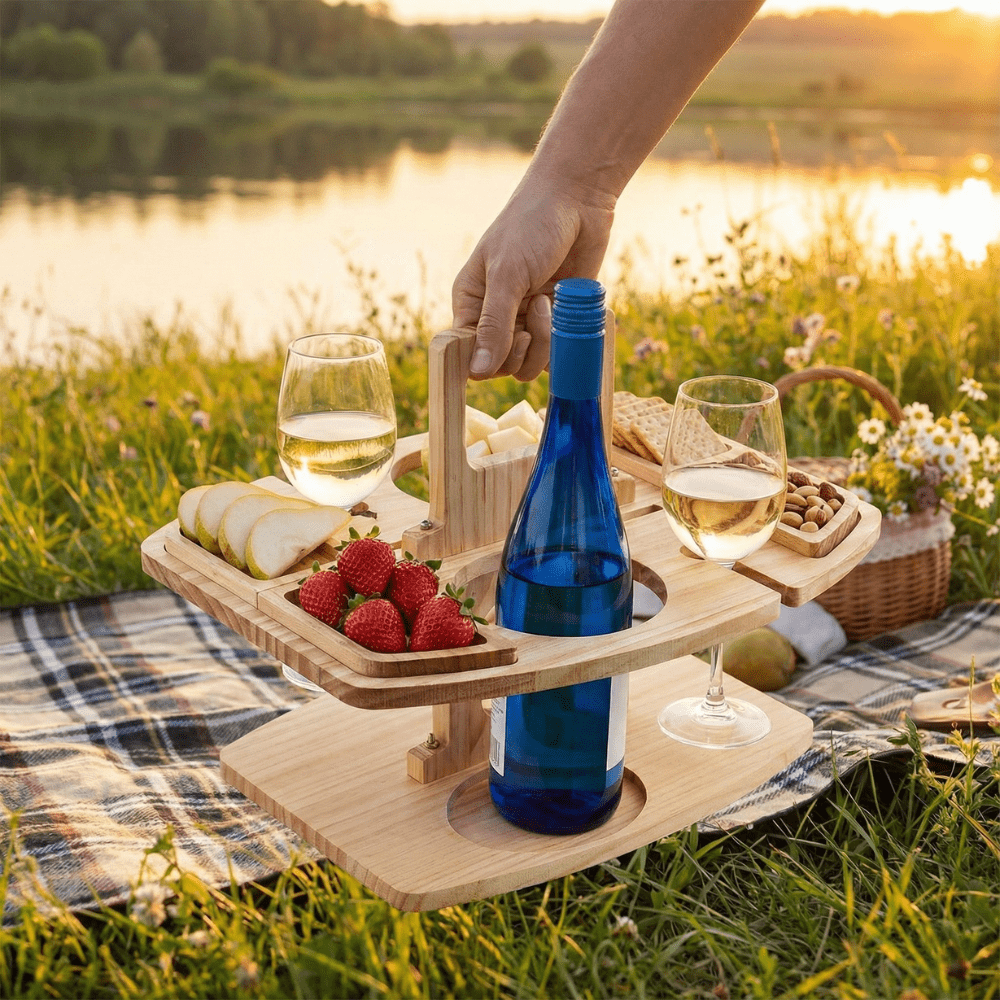 Mesa de vinho portátil em madeira para piqueniques e aperitivos