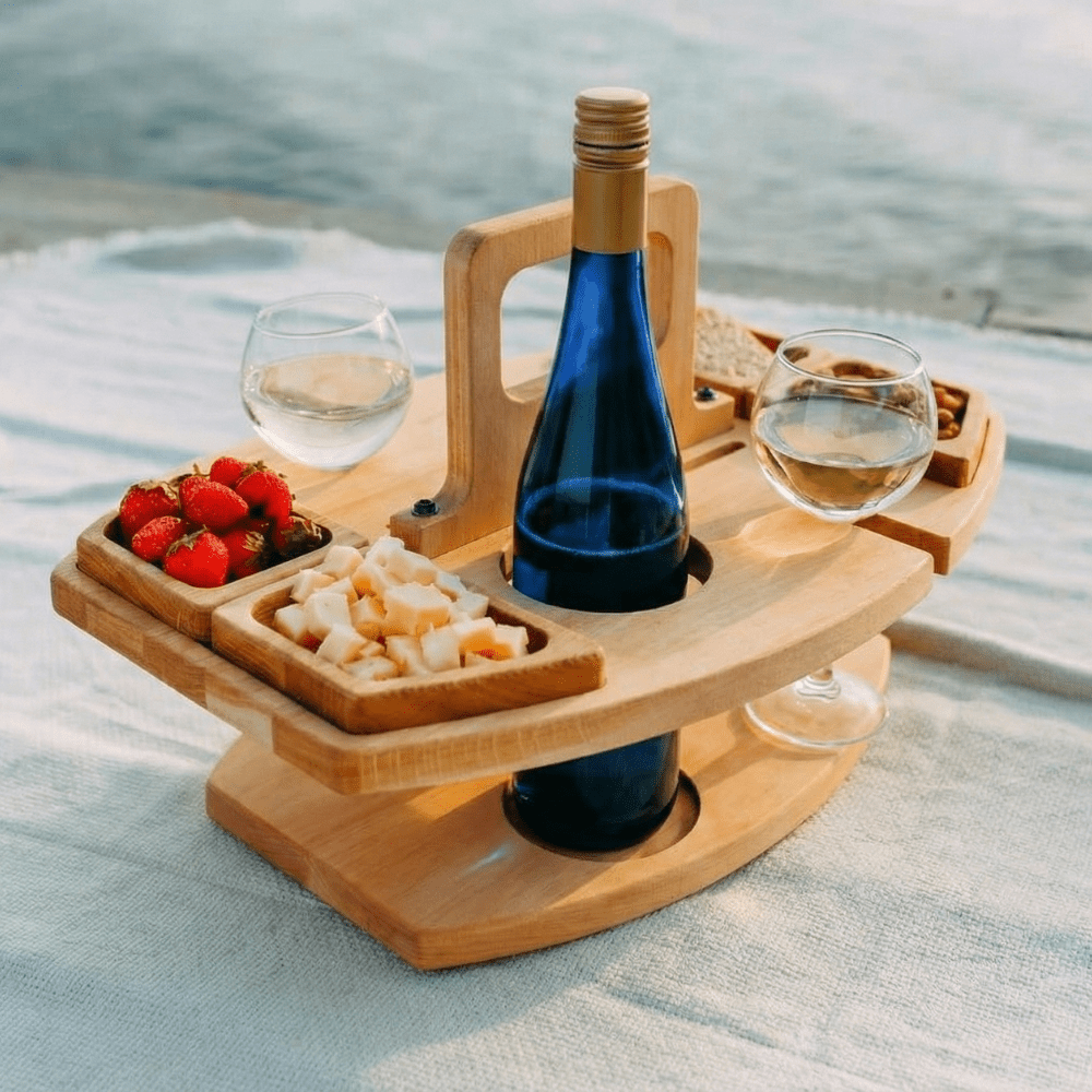 Mesa de vinho portátil em madeira para piqueniques e aperitivos