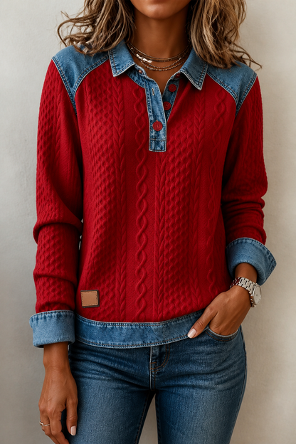 Damen Langarmshirt mit Jeansdetails und Knopfleiste