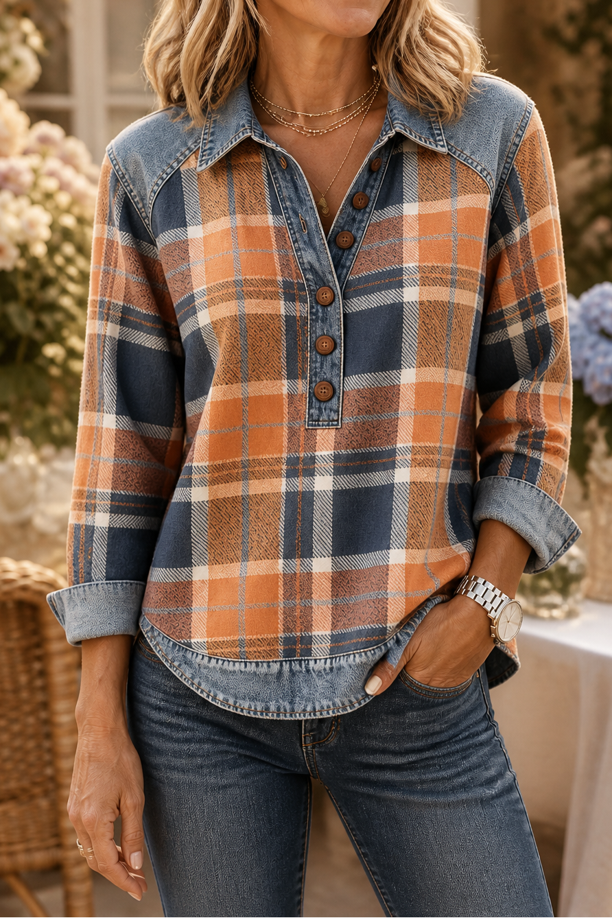 Damen Langarmshirt mit Jeansdetails und Knopfleiste