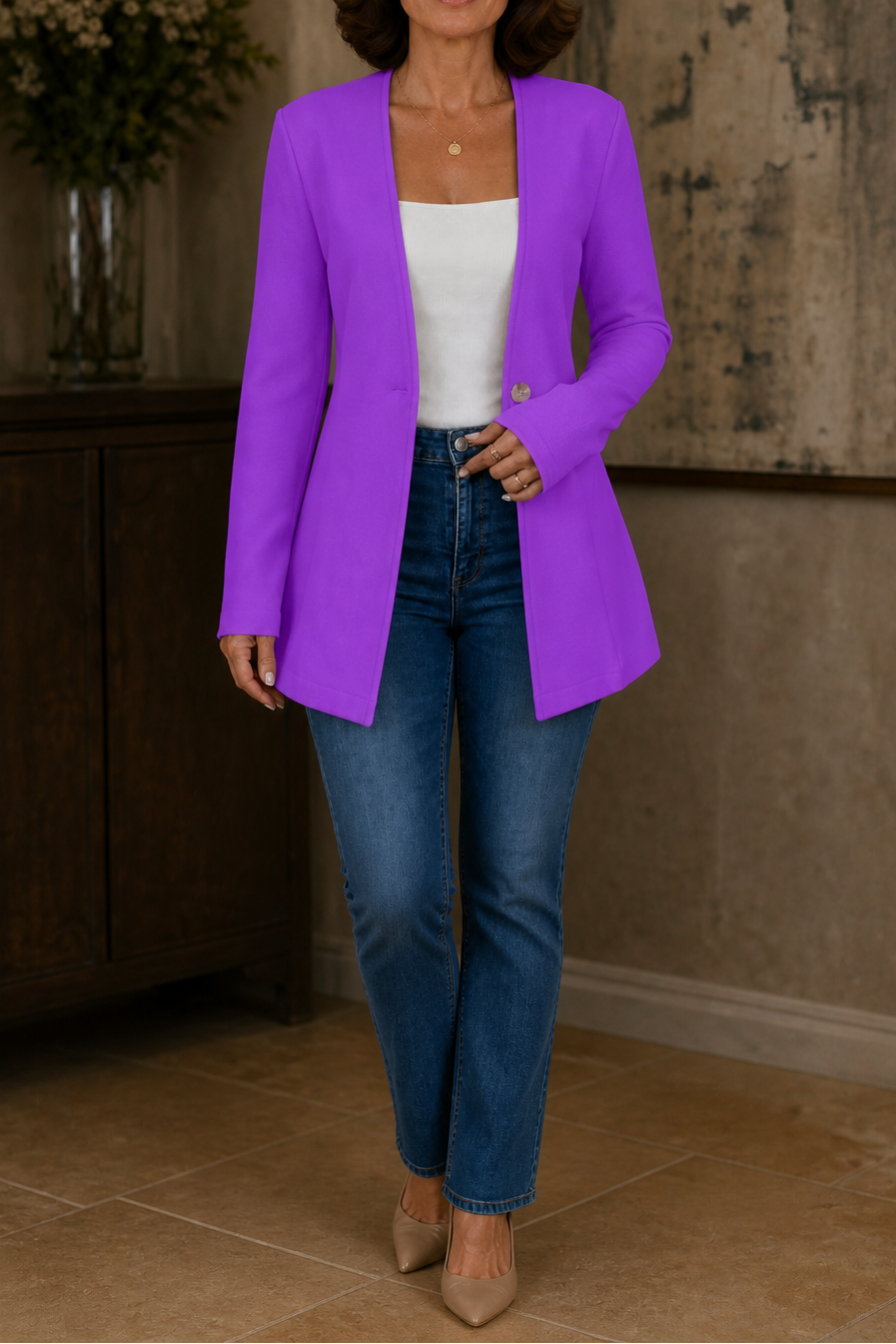Damen Longblazer mit V-Ausschnitt und Knopfverschluss