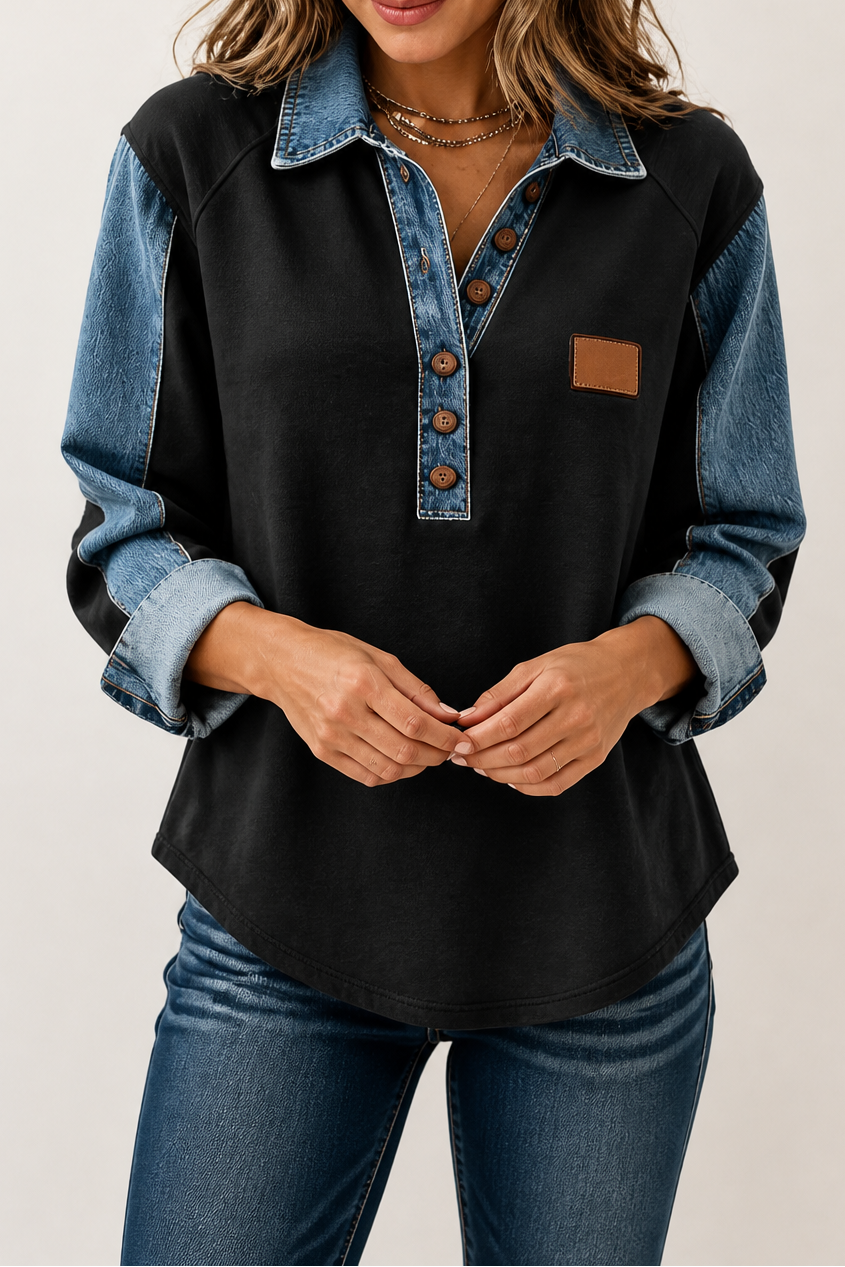 Damen Langarmshirt mit Jeansdetails und Knopfleiste