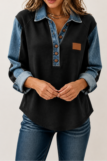 Damen Langarmshirt mit Jeansdetails und Knopfleiste