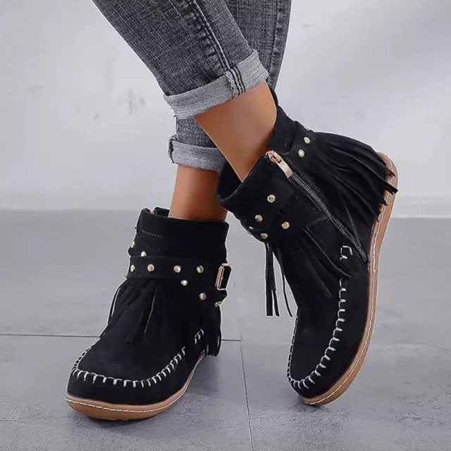 Damen-Stiefeletten mit Fransen und Zierschnalle