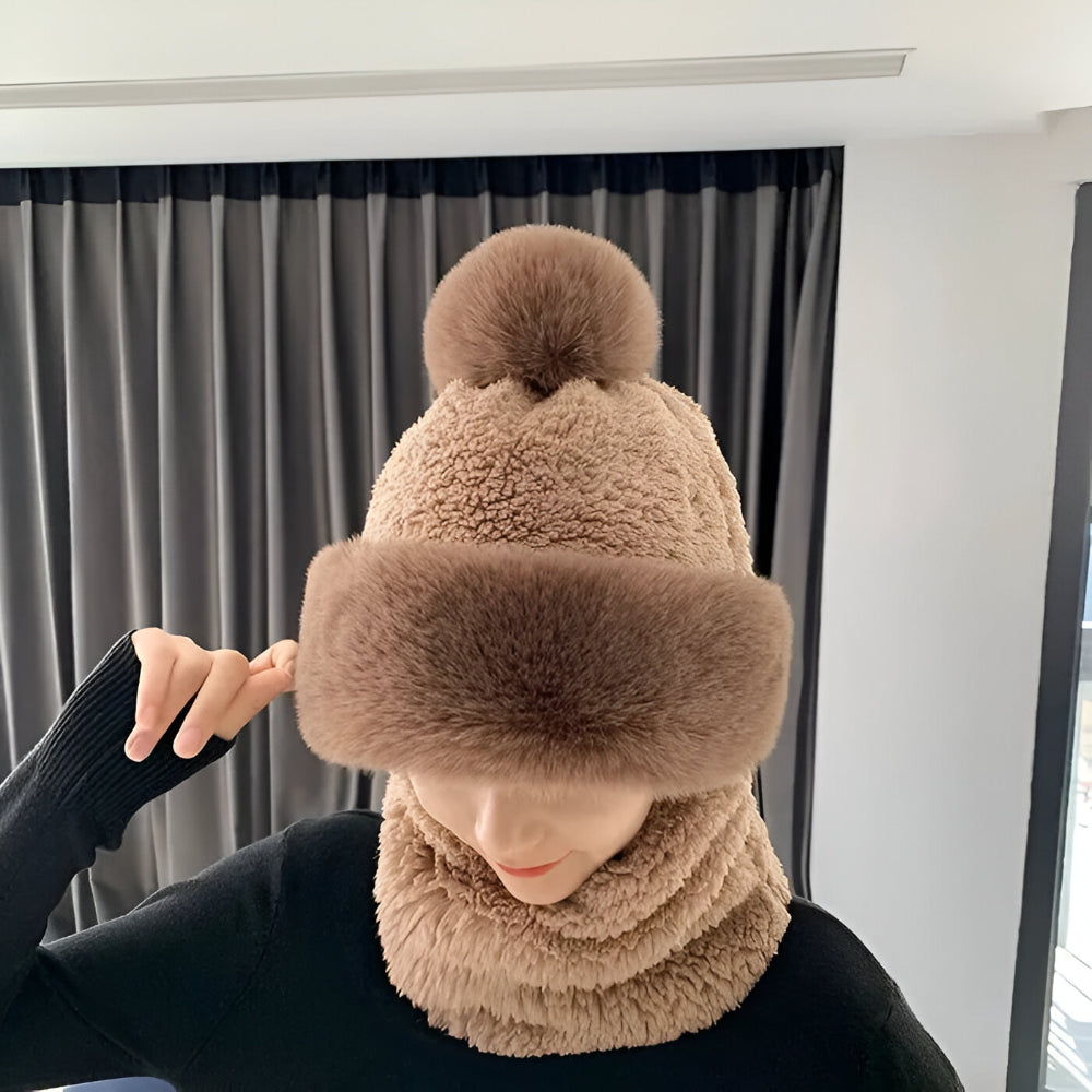 Gorro de invierno para mujer con pompón y bufanda tubular