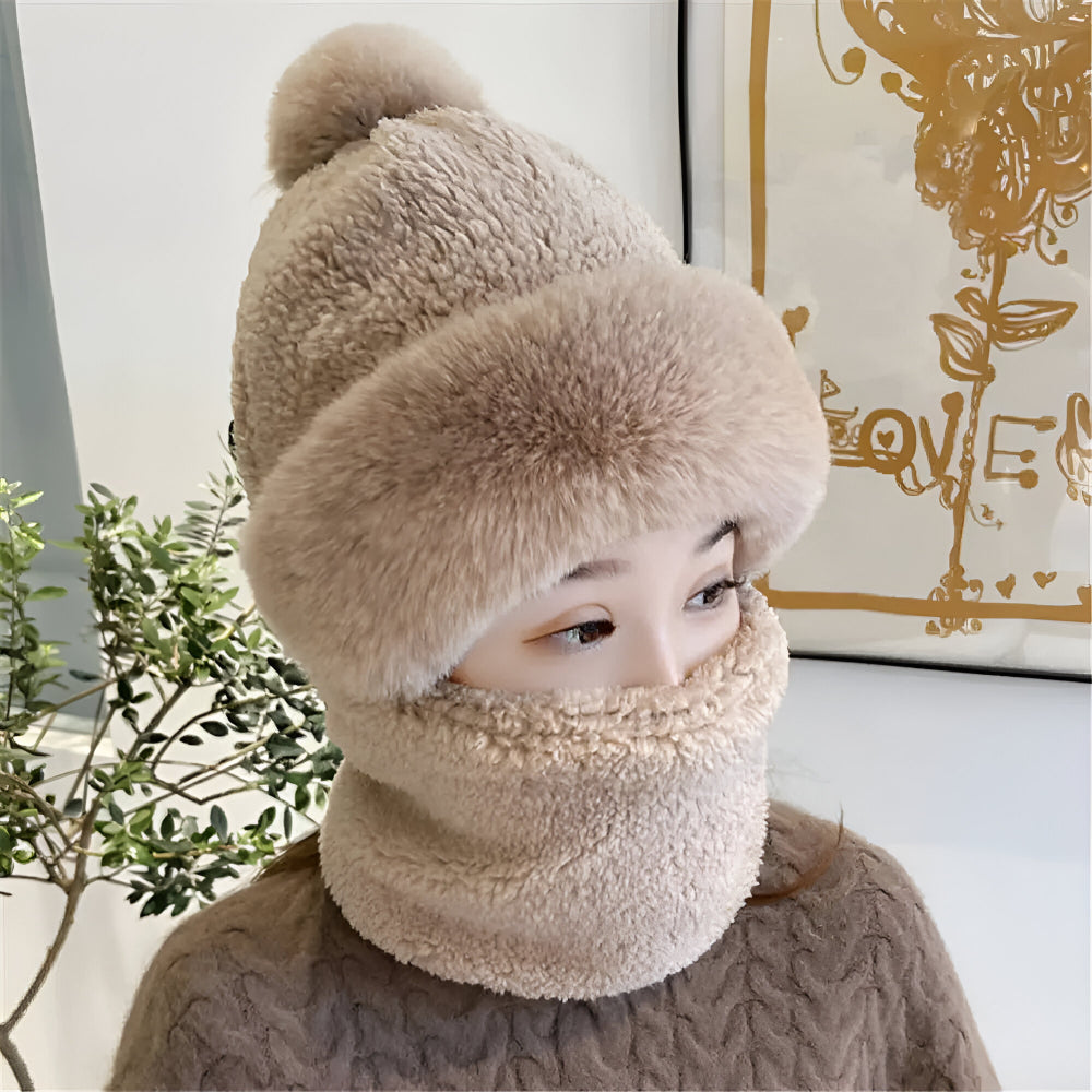 Gorro de invierno para mujer con pompón y bufanda tubular
