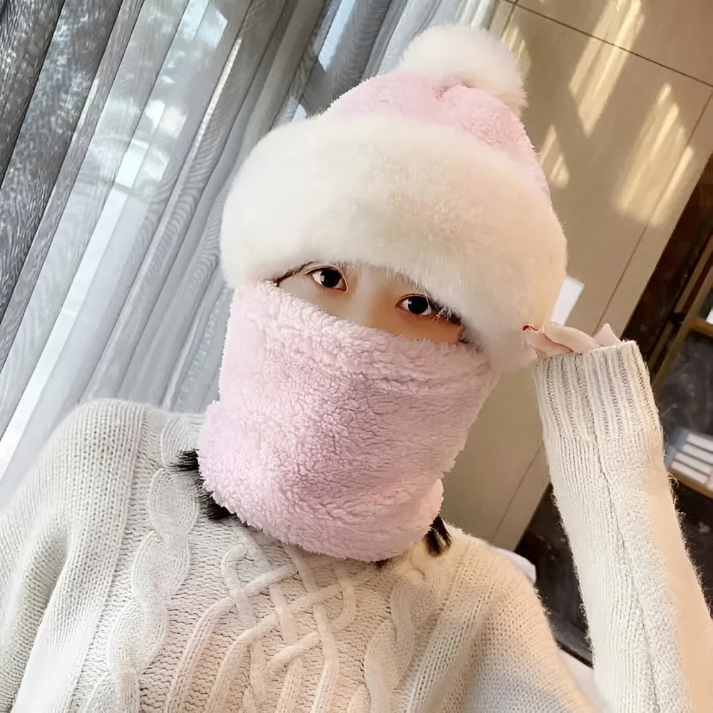 Gorro de invierno para mujer con pompón y bufanda tubular