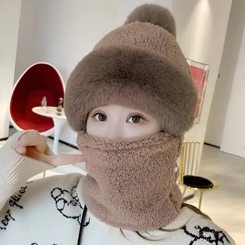 Gorro de invierno para mujer con pompón y bufanda tubular