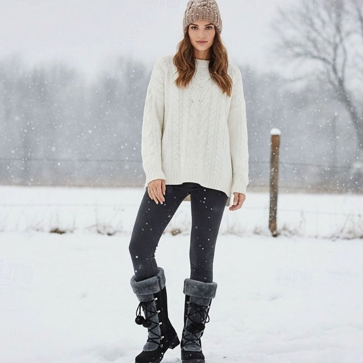 Damen-Schneestiefel mit Fellbesatz und Schnürung