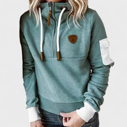 Camisola com capuz para senhora, com fecho de correr e detalhes em contraste
