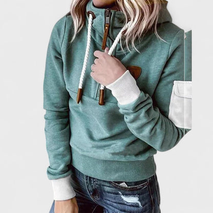 Camisola com capuz para senhora, com fecho de correr e detalhes em contraste