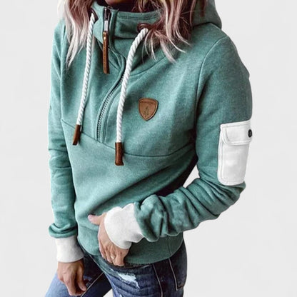 Camisola com capuz para senhora, com fecho de correr e detalhes em contraste
