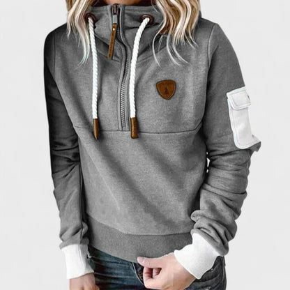 Camisola com capuz para senhora, com fecho de correr e detalhes em contraste