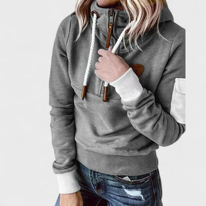 Camisola com capuz para senhora, com fecho de correr e detalhes em contraste