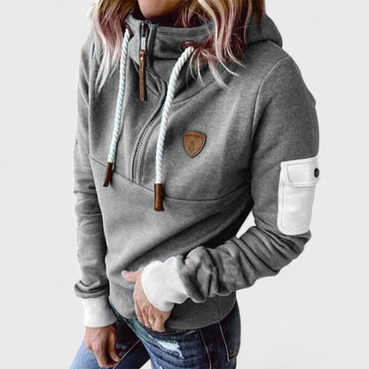 Camisola com capuz para senhora, com fecho de correr e detalhes em contraste