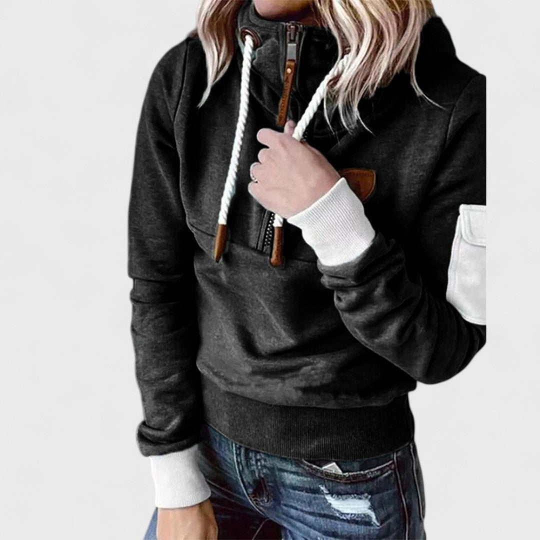 Camisola com capuz para senhora, com fecho de correr e detalhes em contraste