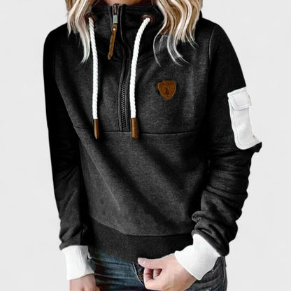 Camisola com capuz para senhora, com fecho de correr e detalhes em contraste