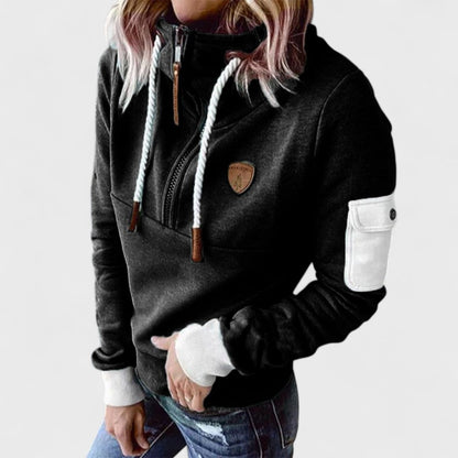 Camisola com capuz para senhora, com fecho de correr e detalhes em contraste