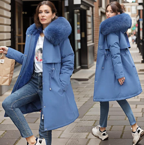 Parka de inverno para senhora com capuz, acabamento em pelo sintético e cintura ajustável