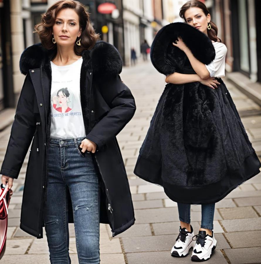 Parka de inverno para senhora com capuz, acabamento em pelo sintético e cintura ajustável