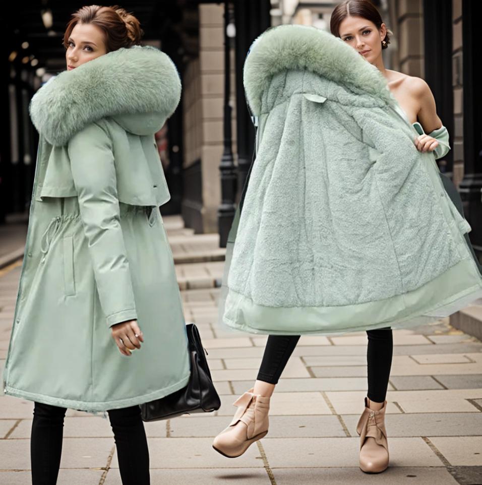 Parka de inverno para senhora com capuz, acabamento em pelo sintético e cintura ajustável