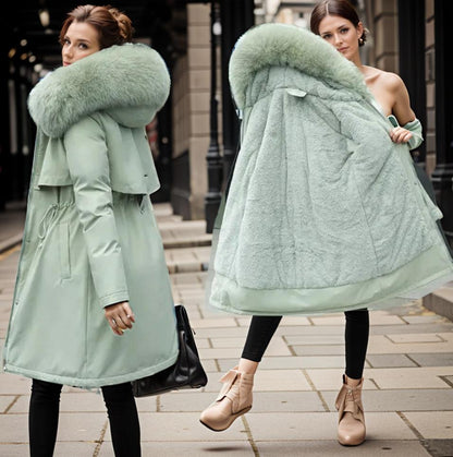 Parka de inverno para senhora com capuz, acabamento em pelo sintético e cintura ajustável