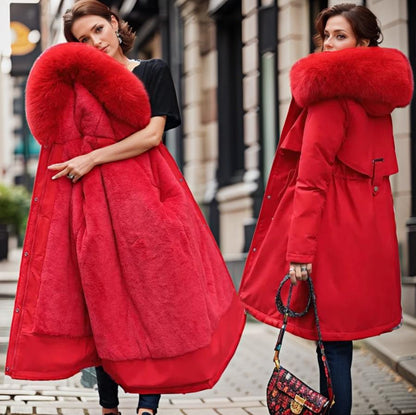 Parka de inverno para senhora com capuz, acabamento em pelo sintético e cintura ajustável