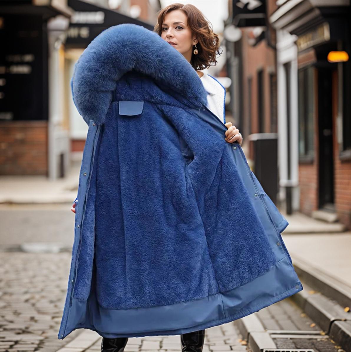 Parka de inverno para senhora com capuz, acabamento em pelo sintético e cintura ajustável